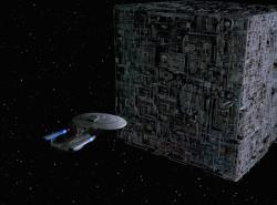 Starship Enterprise faces the Borg Cube
