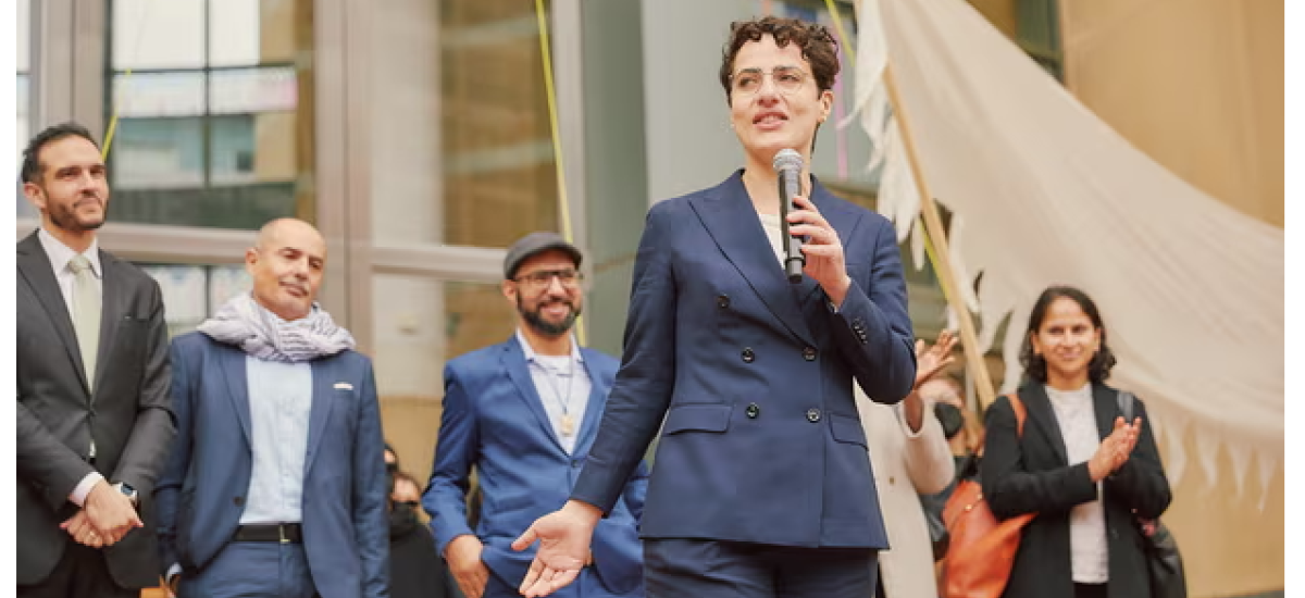 Senior Staff Attorney Diala Shamas, together with Palestinian plaintiffs and other members of the legal team from the Center for Constitutional Rights, speaking to a rally of supporters outside federal court in Oakland, CA after the January 26 2024, hearing in Defense for Children International - Palestine v Biden. 