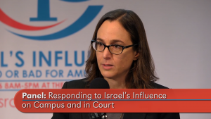 Maria Lahood at Washington Report panel on silencing criticism of Israel in the U.S. on-screen text reads panel responding to Israel's influence on campus and in court