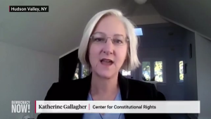 Still image from the interview on Democracy Now! Katherine Gallagher is visible from the chest up, talking to the camera. Next to her name at the bottom it says Center for Constitutional Rights. In the top left it says Hudson Valley, NY and in the bottom right is the Democracy Now! logo.